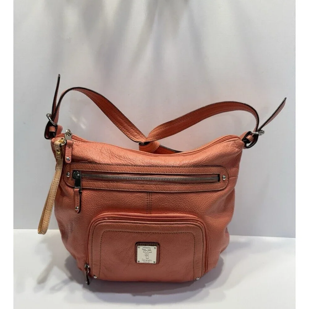 Tignanello Womens Hobo Orange Leather Shoulder Handbag Satchel Purse Pockets